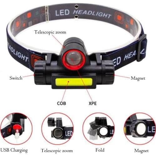 USB Mini zoom Headlamp Flashlight Lantern XPE COB LED with Battery Outdoor Camping Headlight USB Rechargeable night Lighting