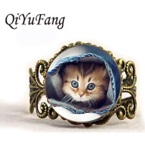 QiYuFang cute cat Ring Pendant Handmade Jewelry Glass Rings Men Women Family Gift Idea