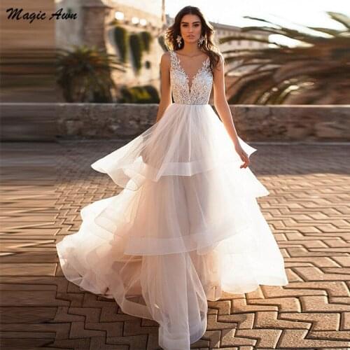 Magic Awn Chic Princess Wedding Dresses 2021 Lace Appliques Puffy Bridal Gowns Backless Elegant Boho Mariage Abito Da Sposa