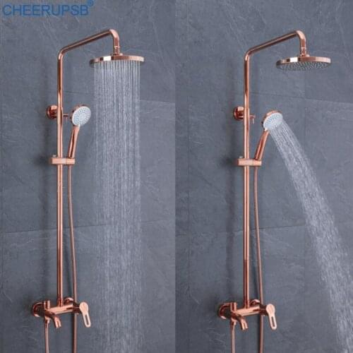 Bathroom Rose Gold Bath Faucets Hot Cold Water Shower Tap Wall Mount Luxury Shower System Round Sprayer Copper Shower Faucet K69