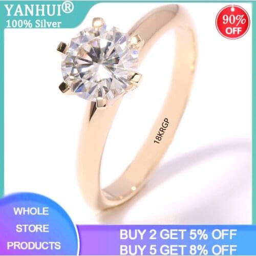 YANHUI Real 925 Solid Silver 18K Rose Gold Color Rings For Lady Shiny 2Ct Lab Diamond Wedding Anniversary Eternal Fine Jewelry