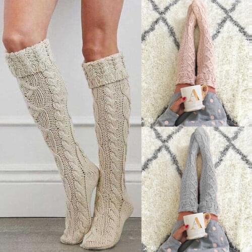Womens Winter Cable Knit Over Knee Long Boot High Stockings Warm Ladies Solid Color Stocking