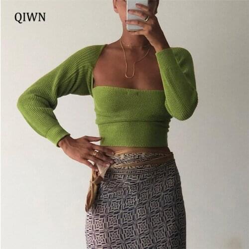 Vintage Fall Knit Green Sweater Top for Women Square Long Sleeve Cropped Top Pullovers Sweater Streetwear Clothes