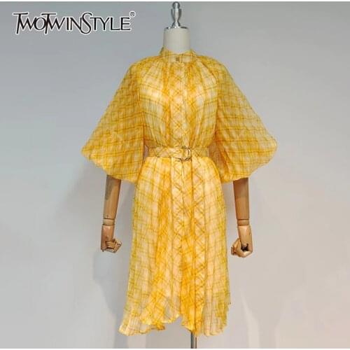 TWOTWINSTYLE Casual Yellow Plaid Dress For Women Stand Collar Puff Half Sleeve High Waist Sashes Slim Mini Dresses Female Summer