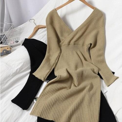 Winter New Fashion V-neck Tight Knit Long Skirt With Versatile Solid Color Dress