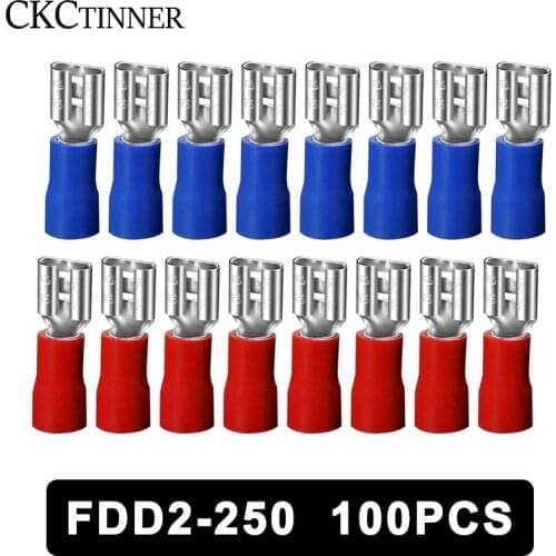 100pcs / pack FDD2.5-250 FDD female insulated electrical Crimp Terminal for 1.5-2.5mm2 Cable connectors Cable connector