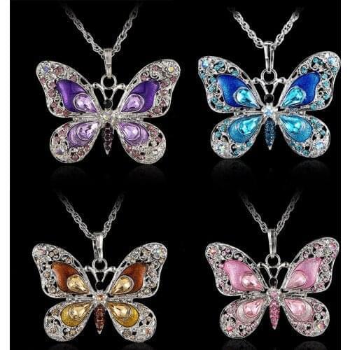 2021 Vintage Butterfly Rhinestone Pendant Women Necklace Blue Pink Insect Silver Color Chain Charm Jewelry Girls Gifts