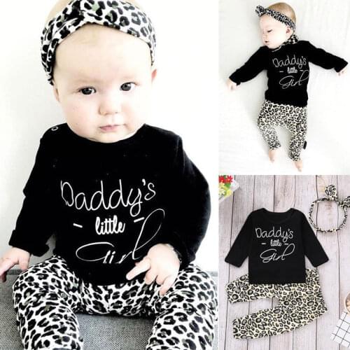 2020 Brand New Newborn Baby Girl 3PCS Outfits Clothes Set Long Sleeve Cotton Letter Printed T-Shirt Tops Leopard Pant Headband