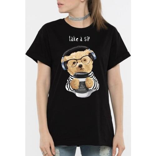 BLINGPAW Teddy Bear Take A Sip Coffee Letter Print T-shirt White Cotton Unisex Tees Summer Custom Tee Shirts Graphic T Shirts