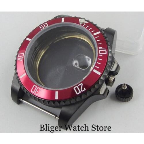 New 40mm Watch Case fit for NH35 NH35A Movement Black PVD Plated Sapphire Glass Red Bezel