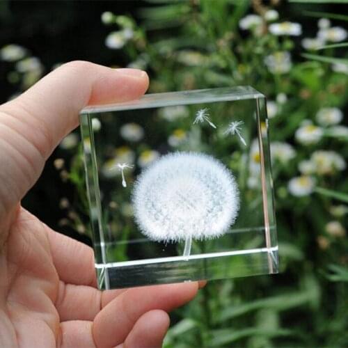 Crystal 3D Laser Engraved Dandelion Figurine Glass Cube Ornaments Home Desk Decoration Craft Feng Shui Paperweight Creative Gift