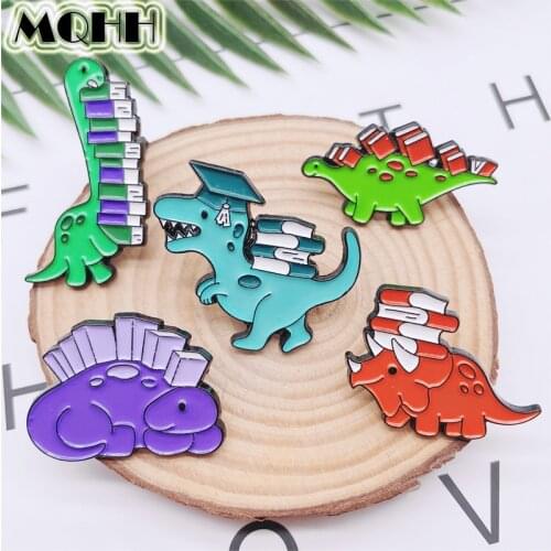Creativity Fun Animals Dinosaurs Enamel Pins Tyrannosaurus Rex Triceratops Learning Reading Books Alloy Brooches Badges Jewelry