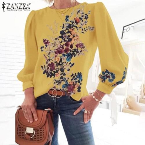 Fashion Womens Printed Blouses ZANZEA 2021 Puff Sleeve Shirts Casual Floral Blusas Female Lace Up Tunic Chemise S