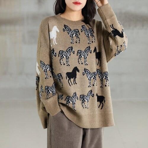 Fashion Animal Horse Pattern Women Sweater Long Sleeved O-Neck Sueter Mujer 2021 New Long Sleeved Casual Knitted Pullovers Tops