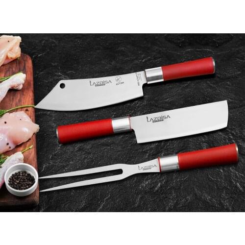 Lazbisa Knife Set Kitchen Knife Set Meat Bone Vegetable Bread Chef Knife Red Craft Seri (Action-Nakiri-Long Fork)