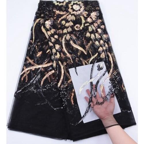 New Black French Sequined Lace Fabric High Quality African Lace Fabric 5 Yards Nigerian Mesh Lace Fabric For Wedding Party S1761