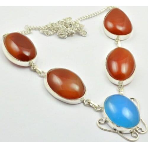 Carnelian & Chalcedony Necklace Silver Overlay over Copper , 49 cm, N2456