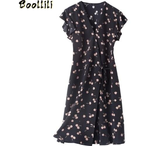 Boollili Real Silk Dress Women Summer Dress Korean Fashion Print Midi Dress Elegant Vintage Party Dress Vestido Mujer