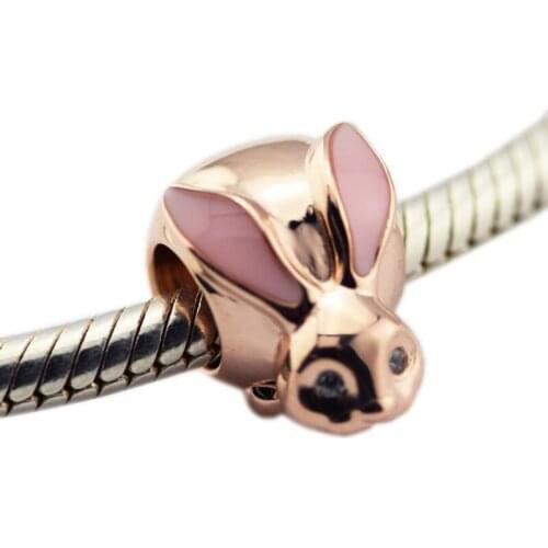 Fits for Pandora Charms Bracelets 100% 925 Sterling-Silver-Jewelry Cute Bunny Beads with Clear CZ Free Shipping