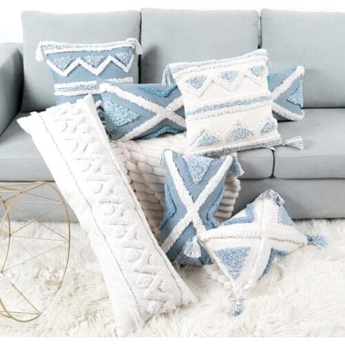 Handmade Cushion Cover Nordic Style Blue Tufted Geometric Decorative Pillowcase Tassel Home Decor Chair Sofa Throw Pillows Case