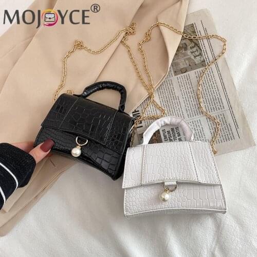 Simple PU Leather Thin Chain Shoulder Crossbody Handbags Fashion Women Solid Color Alligator Pattern Mini Top-handle Bag
