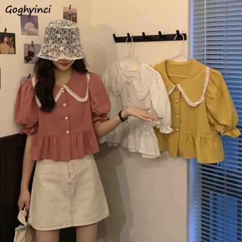 Shirts Women Peter Pan Collar Ruffle Short Puff Sleeve Sweet BF Womens Lovely All-match Summer Blouses Designed Chic Streetwear