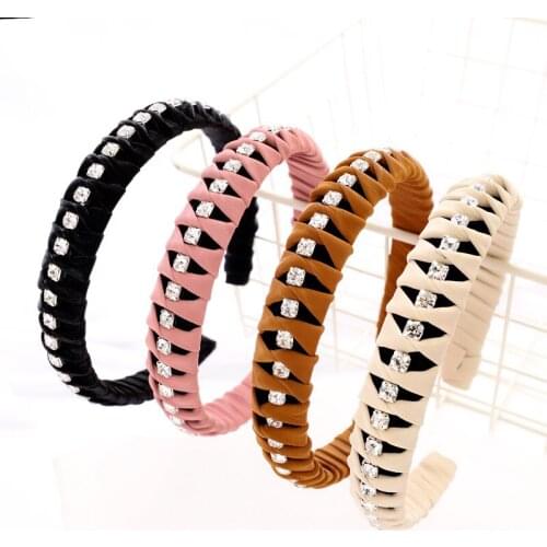 Handmade PU Winding Headband Artificial Leather Weaving Hairband with Rhinestones Hair Hoop Headband for Women Hair Accessories