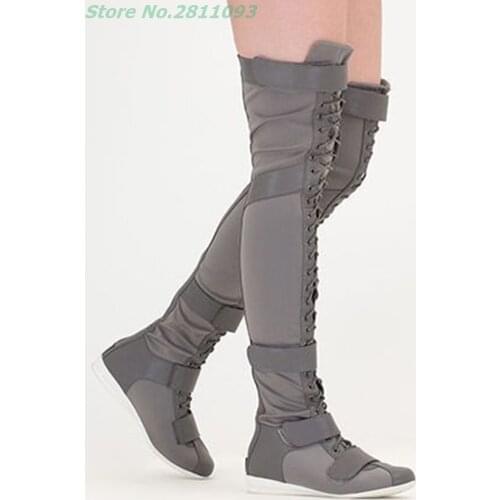 2020 Patchwork Flat With Boots Round Toe Stretch Fashion High-top Boots Lace Up Back Zipper Over The Knee Thigh High Boots