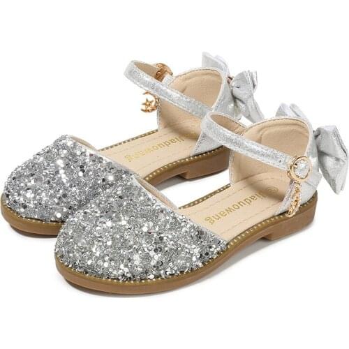 SKOEX Childrens Princess Shoes Glitter Bows Girls Flat Slip-on Wedding Party Dress Uniform Shoes for Little Girls Kids Sandals