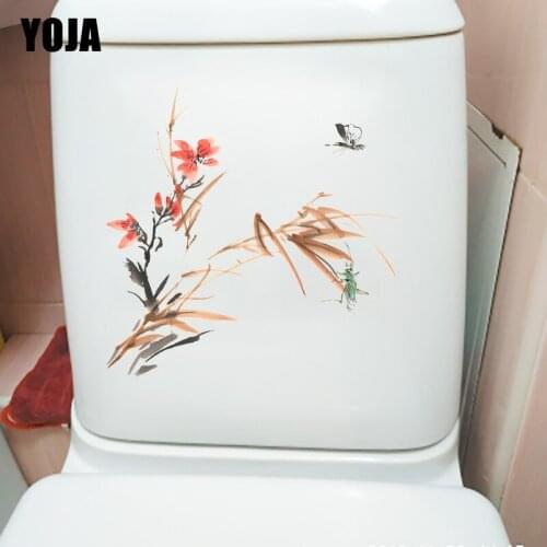 YOJA 21.9X21.8CM Ink Painting Flower Insect Home Decor Wall Decal Creative Cartoon Toilet Seat Stickers T1-1668