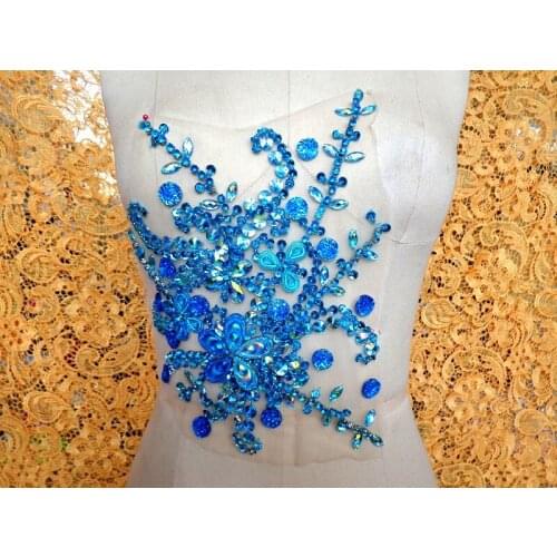 ZBROH Handmade sew on Rhinestones applique sky blue crystal patches with stones sequins beads 28*22cm