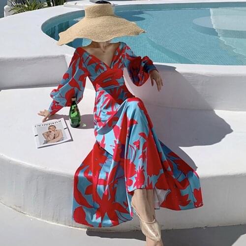 Fashion Retro Lantern Sleeve Sexy Deep V-Neck Maxi Party Club Dress Ladies Elegant Robe Casual Backless Print Satin Beach Dress