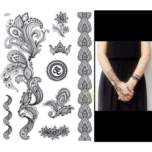 1PC Fashion Flash Waterproof Tattoo Women Black Ink Henna Jewel Sexy Lace BJ021 Omega Flower Totem Wed Temporary Tattoo Sticker