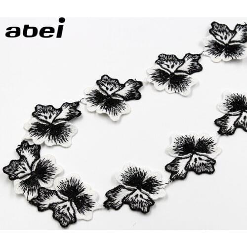 4.5cm 2yards/lot White embroidered Black Flower Lace Ribbon Trims DIY hairband Handmade Patchwork garment Hometexille Fabric