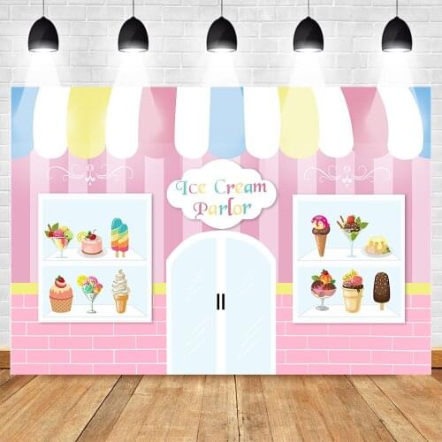 Candy Bar Pink Ice Cream Parlor Backdrops for Photography Girl Birthday Party Banner Baby Photo Background for Photo Booth Props