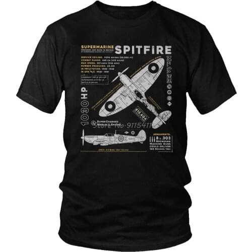 Vintage Supermarine Spitfire MK 1 T Shirt Men Cotton Tee Short Sleeve Fighter Plane WW2 War Pilot Aircraft Airplane T-Shirt Gift
