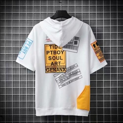 Korean Version Of The Trend Of Mens Hooded Printed T-Shirt Youth Spring Summer Thin Clothes Everyday Casual Short Sleeves Tops