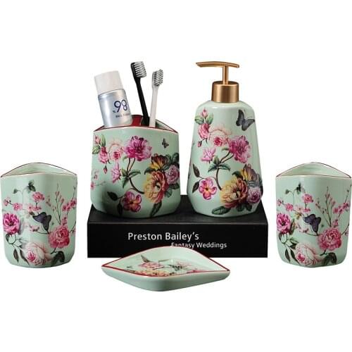 Ceramic Bathroom Set Liquid Soap Dispenser/Dish Toothbrush Holder Gargle Cup 5 Piece Flower & Bird Wedding Gift Birthday Present