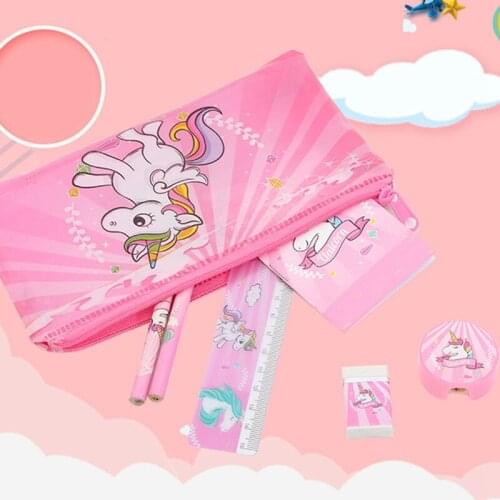 Cartoon Unicorn Pencil Case For Girls Cute Stationery Set Pen Bag With Ruler Eraser Kids Gift Office School Supplies