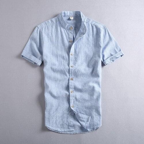 Mens Cotton Linen Shirts Striped Short Sleeve Casual Shirts Mandarin Collar Men Summer Slim fit Flax Dress Shirts Male TS-443
