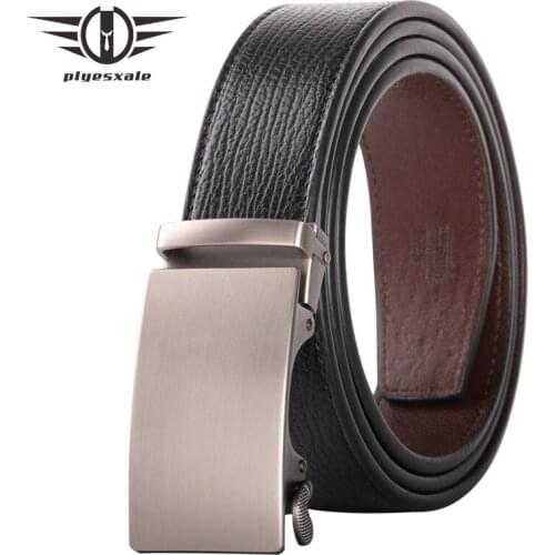 Plyesxale Cowskin Genuine Leather Men Belt Automatic Buckle Male Belt Luxury Real Leather Belts For Men Brown Mens Strap B393