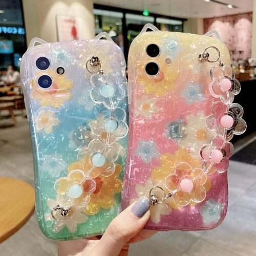 Gradient Shell Cat Ear Flower Wrist Chain Phone Case For iPhone 12 Pro Max XSMAX 11 Pro Max XR XS 7 8 Plus Soft Silicone Cover