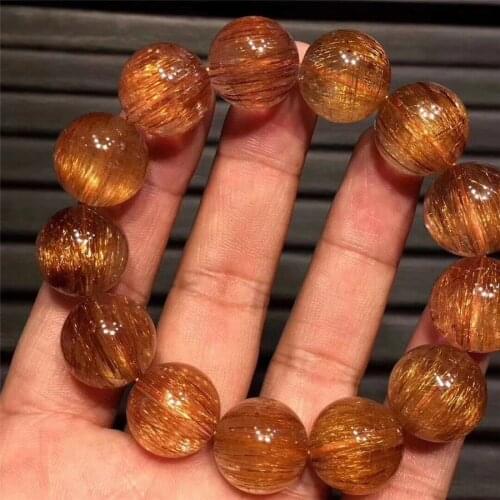 Natural Copper Rutilated Quartz Crystal Transparent Bead Bracelet 19mm AAAAAA