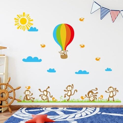 Monkey hot air balloon Wall Stickers for kids Childrens room background decoration nursery Mural Wallpaper Art Decals sticker