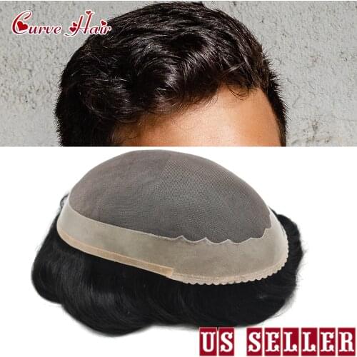 Mens Toupee Poly Skin Around Black Hair System Fine Mono Replacement Wig Light to Medium Density Durable Man Toupee Wig