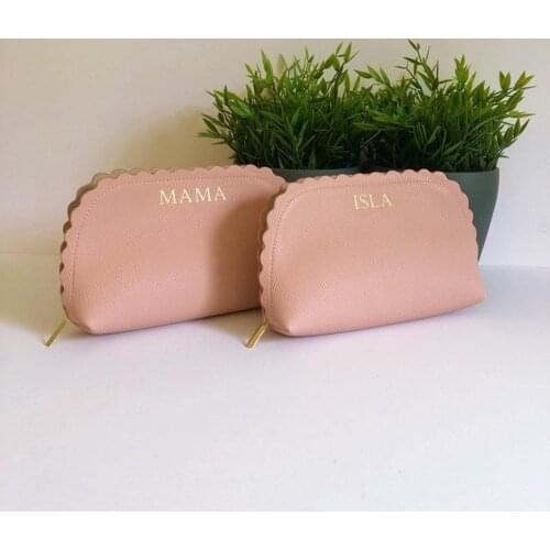 Personalized Super Soft Makeup Bag with Initials or Name - Custom Scallop Edge Cosmetics Bag - Dusky Pink Makeup Travel Pouch