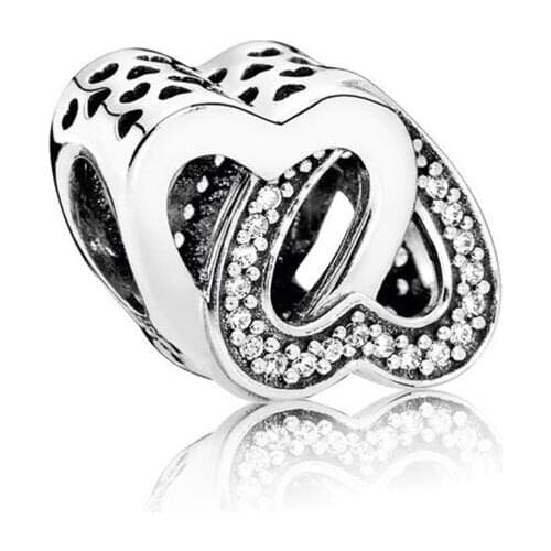 Genuine 925 Sterling Silver Beads Entwined Love Heart With Clear CZ Charms Fit pandora Bracelets & Necklace DIY Jewelry