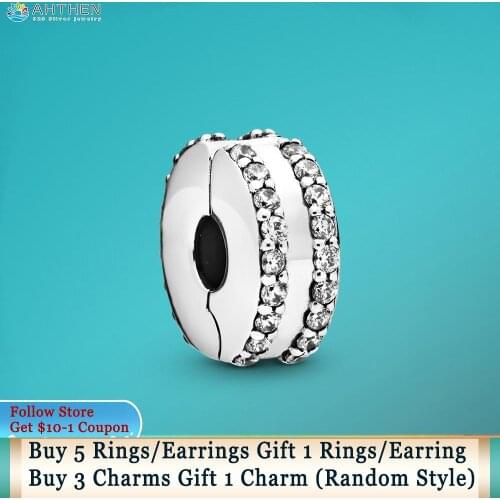 Ahthen 925 Sterling Silver Beads Double Lined Pave Clip Charms fit Original Pandora Bracelets for Women Jewelry Making Gift