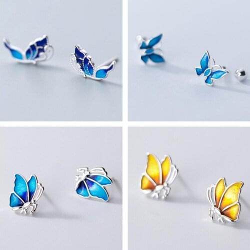 PONYKISS Romantic 925 Sterling Silver enamel Colorful Butterfly Stud Earrings for Women Party Fine Jewelry Minimlist Accessory