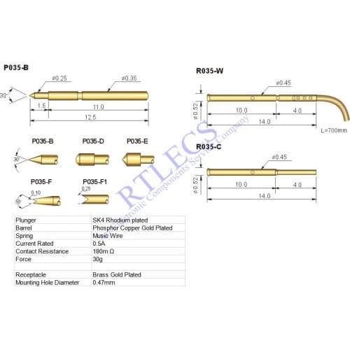 10Pcs 0.7MM Pitch Min Spring Test Probe P035 Bare PCB Testing Pin Gold Plated Length 12.5 MM Socket Receptacle 0.35 MM Dia
